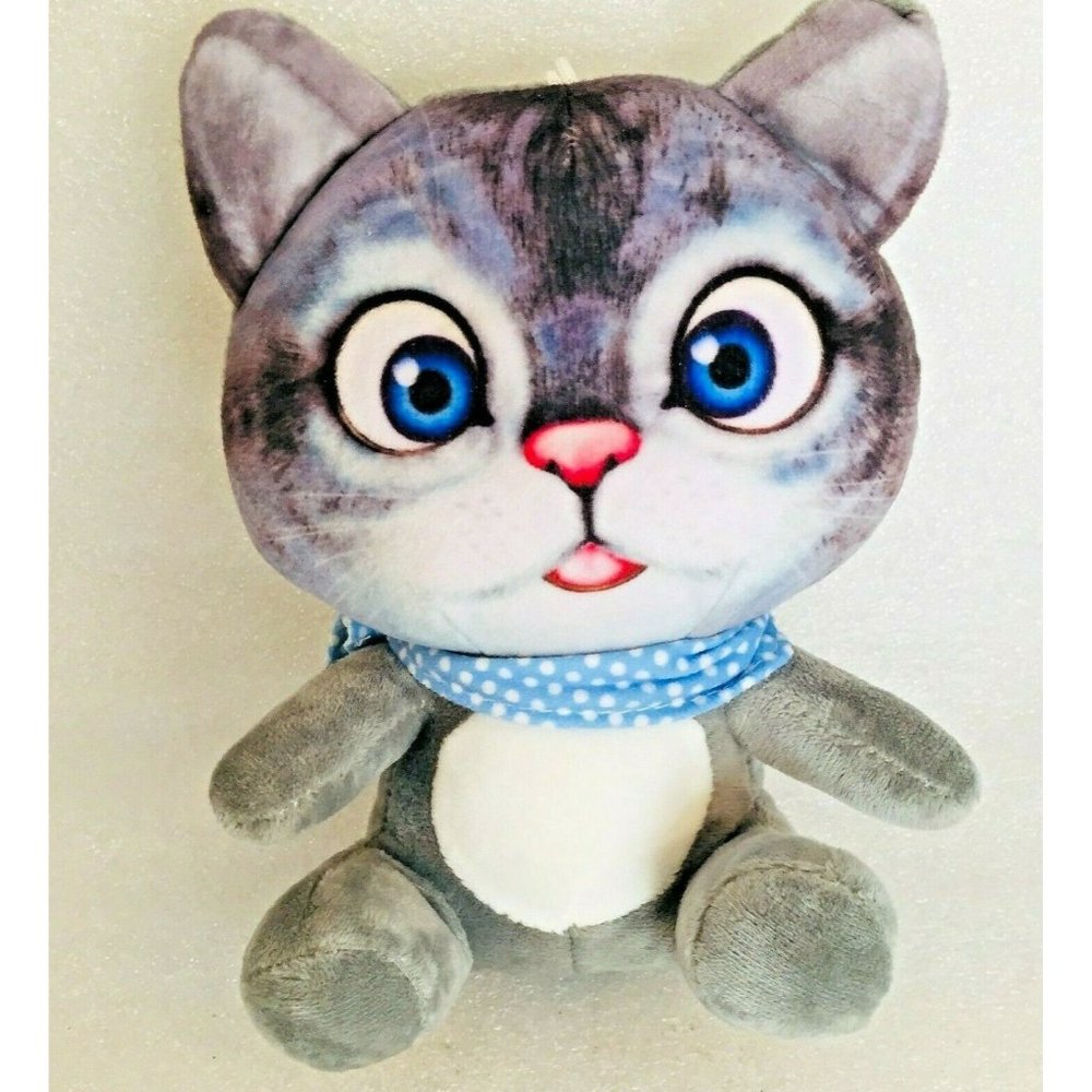 COPY - Cat Plush 8" Gray Printed Face Big Head Polka Dots Bandana Hanging Stuff…